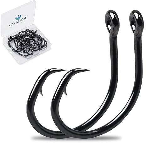 CWSDXM Circle Hooks Salzwasser 20 Stück In-Line Wide Gap Angelhaken für Welse 4 x starke Hartstahl Mustad Haken für Thunfisch, Karpfen, Wels, Barsch, Größe 1,1/0,2/0,3/0,4/0,5/0,6/0,8/0,10/0 (1/0)