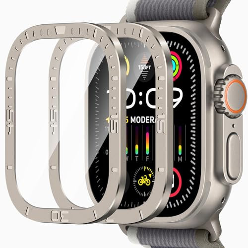 ZZDZZ [2 Piezas Protector de Pantalla Compatible con Apple Watch Ultra2/Ultra 49mm, Resistente Arañazos Metal Protector Pantalla Cristal Templado para iWatch 49mm - Numeric Titanio