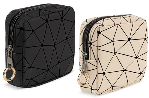 2 Stück Mini Kosmetiktasche Kleine Make up Tasche Damen PU Tragbare Mini-Kulturbeutel Wasserdicht Reisezubehör-Organizer Multifunktional Kosmetikbeutel Kulturtasche Mädchen Geldbeutel (Schwarz&Beige)