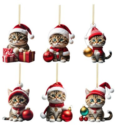 Weihnachten Katzen Anhänger 2D Acryl Weihnachtsschmuck Hängende Deko Lustiger Weihnachten Funny Katze Auto Weihnachtsbaum Ornament Christbaumschmuck Geschenk Weihnachtsanhänger 6PCS (Red, 8cm)