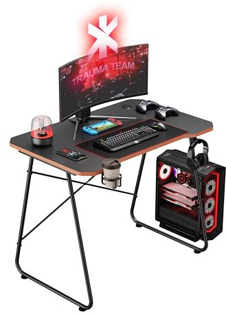 Maplin Gaming Desk Matte Black Orange for PC Monitor Laptop with Headphone Hook & Cup Holder