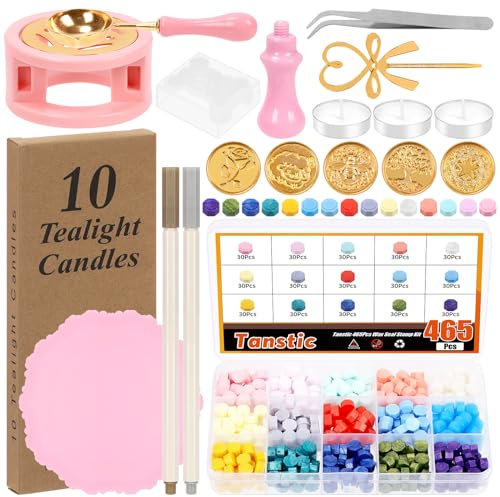 Tanstic Sealing Wax Stamp Kit - 474 Pieces with 15 Colors of Pearls, Wax Warmer, Spoon, Candles, Metal Pens, Stamp Mat