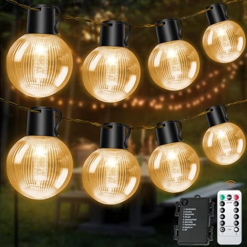 aurogeek Batteria Catena Luminosa Esterno 9M/30FT, 12pcs G60 grandi LED lampadine Esterni Stringa Luci Impermeabile, 8 Modalità con Telecomando Decorazione per Natale Matrimonio Balcone Giardino