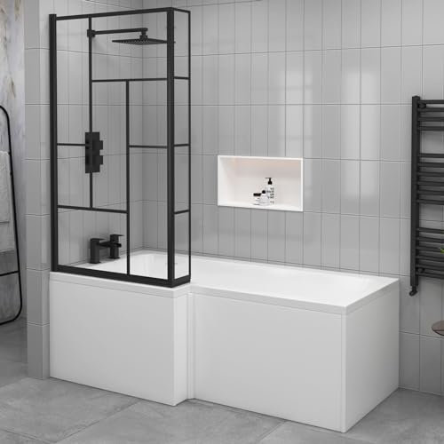 1600 x 850mm Left Hand L-Shaped Shower Bath Square Bathtub with Side & End Panel + Matt Black Abstract Grid Screen & Fixed Return Panel