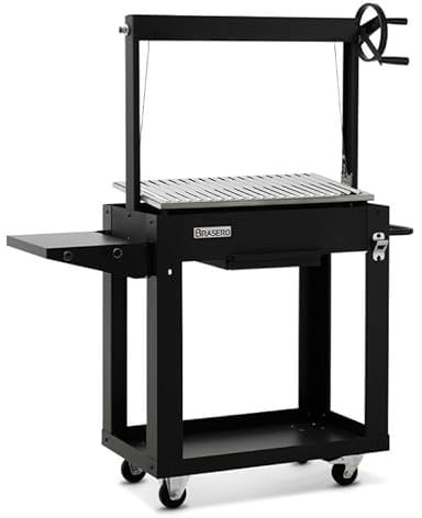 BRASERO - Barbecue Charbon et Bois Galdana - Grille INOX en V de 72,5 x 41 cm réglable en Hauteur - Grill à manivelle, avec bac à Graisses - Poignée - Bac à Charbon - Tablette latérale, Noir