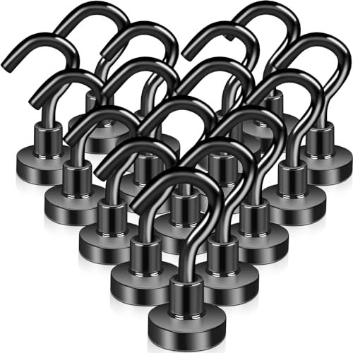 Keukenket Black Magnetic Hooks 25Lbs,16Pack Strong Magnetic Hooks Heavy Duty with Epoxy Coating for Refrigerator, 16MM Magnetic Cruise Hook for Hanging, Warehouse, Office, and Kitchen