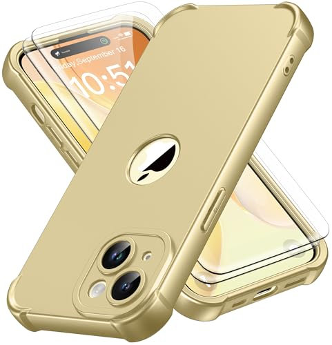 ORETECH for iPhone 15 Case 6.1 inch, with [2 Pack Screen Protector] [Camera Lens Guard] [15FT Military Grade Drop Test] 360° Shockproof Slim Fit Design Rubber Bumper Phone Cover - Gold