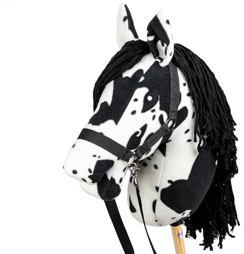 SKIPPI Hobby Horse Rappschecke, Großes Steckenpferd A3, Schecke Hobby Horse mit einem Halfter und Zügeln im Set, Weißes Pferd mit Schwarzen Flecken, Hobby Horsing Pferd, Stockpferd