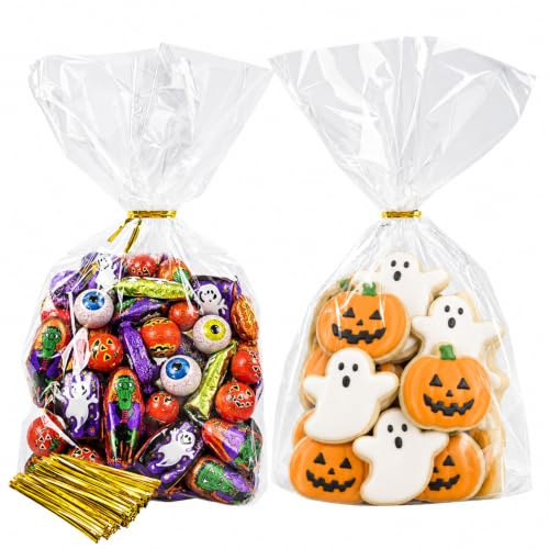 NPLUX 100 Pack Clear Flat Bottom Cellophane Bags with Ties 6x9x2.4 Inch | Plastic cookie bags with expandable base for sweets, biscuits, party favors & small gifts, keeps neat & balanced