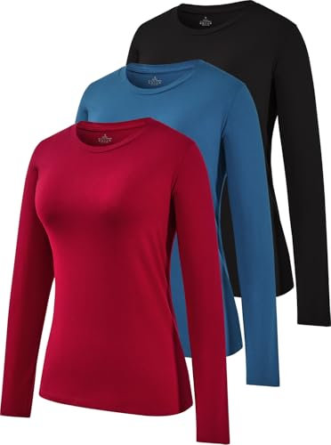 Star Vibe 3 Pack Crew Neck Long Sleeve Top Long Sleeve Tops Women Ladies Running Tops Black/Navy/Wine Red XL