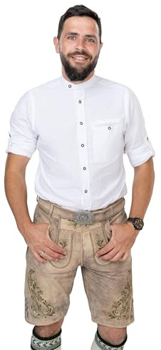 Schöneberger Trachten Couture Herren Lederhose kurz, Original Antik Wildbock Trachtenhose für Oktoberfest, grüne Stickereien und Trachtengürtel Franz (52)