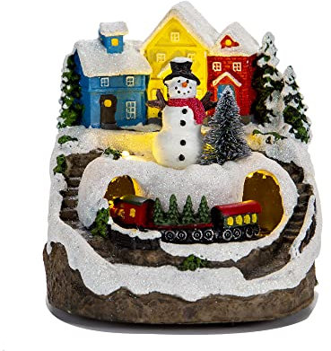 Yallmie Pueblo Navideño con Movimiento, Pueblo Navidad con Luz LED y Música, Casitas de Navidad con Tren Giratorio para Casas Navideñas Decoración, Funciona con Pilas No Incluidas (Muñeco de Nieve)