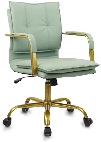 CLATINA Leather Home Office Chair Adjustable Height Executive Chairs with Padded Armrest, Swivel Mid-Back Computer Desk Chair with Gold Legs, Comfy Upholstered Task Chair with Wheels, Green