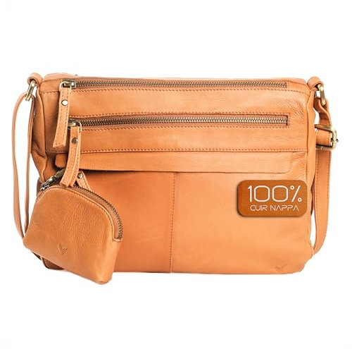 Lavalen Leder Umhängetasche Damen Mittelgroß - Ledertasche Handgefertigt - Damen Tasche Mehreren Fächern - Crossbody Bag - Mehrere Reißverschlüsse -Hochwertige Handtaschen & Handbags for Women -Cognac