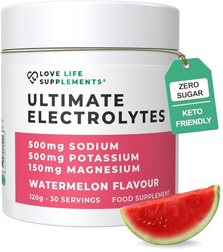 Ultimate Electrolytes Powder, 500mg Sodium, 500mg Potassium, 150mg Magnesium, 120g - 30 Servings, Pink Himalayan Salt for Hydration, Watermelon Flavour, Sweetened with Stevia - Love Life Supplements