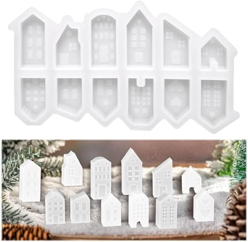 SIWOKJJO Moldes de silicona para fundición, 12 moldes de silicona para casas, mini casas, molde de silicona para Navidad, para cera de soja, velas, jabón, yeso