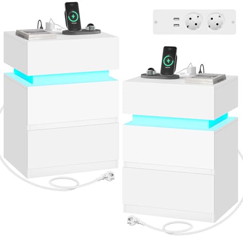WOLTU 2er Set Nachttisch mit Ladefunktion, Nachtschrank mit LED-Beleuchtung 25 Lichtfarben, 2 Schubladen 1 Fach, Kabelführung, Nachtkästchen weiß, 40x55x35 cm, NTS23ws-2