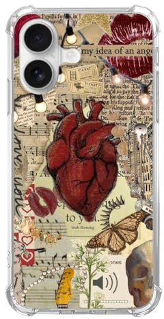 Oubliert Vintage Vibe Anatomy Heart Phone Case Compatible with iPhone 16, Music Lover Book Lover Phone Case for iPhone 16, Trendy TPU Bumper Cover Case