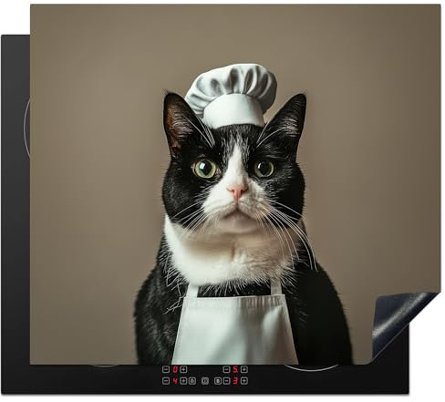 KitchenYeah© Herdabdeckplatte Einteilig Herdabdeckung Abdeckplatte für | 60x52 cm - Ceranfeld Abdeckung Induktionskochfeld Aufrollbare Matte Katze - Koch - Kleidung - Schwarz - Weiß