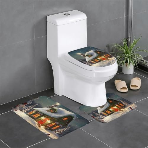 FLYIFE Weihnachts-Badematten-Set, Motiv: Schneehaus, bedruckt, 3-teilig, Flanell, rutschfest, wasserabsorbierend, Badezimmerteppich-Set mit U-förmiger WC-Vorleger und WC-Deckelbezug