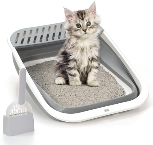 Open Top Cat Litter Box, Large Foldable Cat Potty Height-Adjustable Sides Anti-Splash, Open Air Kitty Litter Pan No Smell, Toilet Easy Clean with Scoop (Gray)