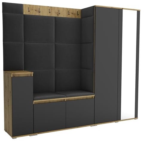 Brent - Garderobenschrank Flur Artisan Eiche Schwarz mit sitzbank 220 cm Breit Luton 8 - Multifunktionale Flurgarderobe Set mit Stauraum und Wandpaneel, Garderobe mit Sitzfläche und Kleiderhaken