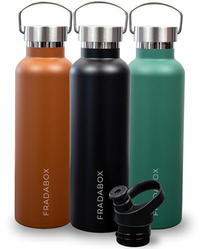 FRADABOX® Premium Edelstahl Trinkflasche „Lake“ 750ml, Auslaufsicher und Spülmaschinenfest, Outdoor Thermosflasche doppelwandig vakuumisoliert, Nachhaltig, BPA-Frei + Gratis Sportverschluss (Schwarz)