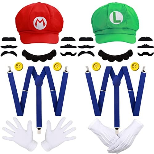 Humairc Super Bros Hüte Accessoires Set Mary Luigy Mützen Schnurrbärte Hosenträger Handschuhe Knöpfe Halloween Cosplay Kostüm
