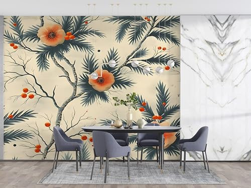 Orange Blume Beeren Tapete, Pflanze Fototapete, Gartenstil Wandpapier, Vliestapete Selbstklebende Wand Deko, Motivtapeten Schlafzimmer Wohnzimmer, 350x256 cm - N-1002