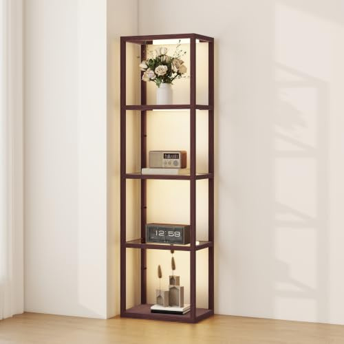 HOMCOM LED Floor Lamp with Glass Shelves 4 Layers Dimmable Dark Brown | Tall Standing Lamp, Modern Column Shelf Floor Light, Living Room, Bedroom, Office