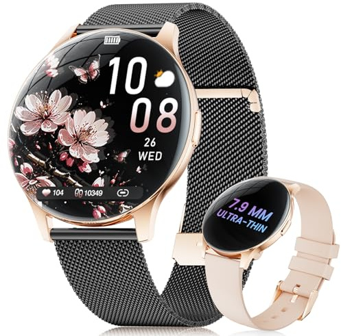 LIGE Reloj Inteligente Mujer con 2 Correas, 1.43 Amoled Smartwatch con Llamadas Bluetooth, Función Femenina, Monitor de Sueño, 100+ Modos Deportivos para iOS Android, Negro Oro
