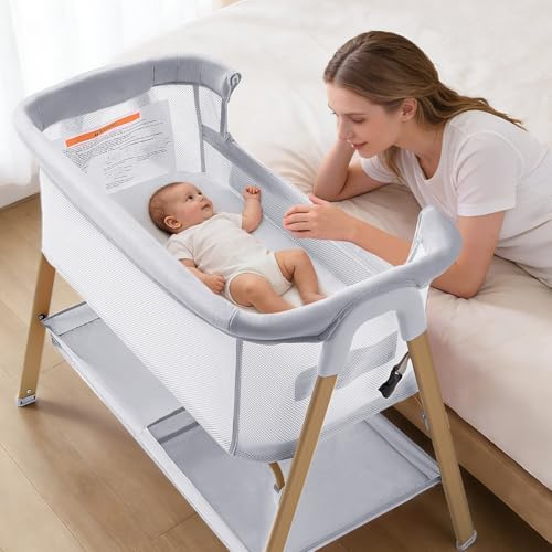 cozydwells 3-in-1-Babybett für Babys von der Geburt bis 9 kg, tragbares Kinderbett, Reisebett, Baby-Kinderbett, Nachttisch, Kinderbett für Neugeborene, Grau