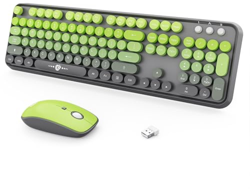 Combo de teclado y mouse inalámbricos, teclado colorido de 2.4 GHz, linda máquina de escribir, juego de teclado y mouse retro cremoso para computadora de escritorio (105 teclas verde matcha)
