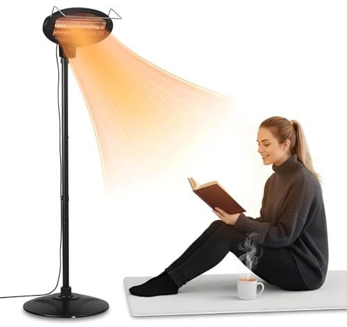 2KW Freestanding Outdoor Electric Patio Heater | Adjustable Height & Tilt Head, 3 Heat Settings, Weatherproof – Safe & Stylish Heating for Patio, Balcony & BBQs