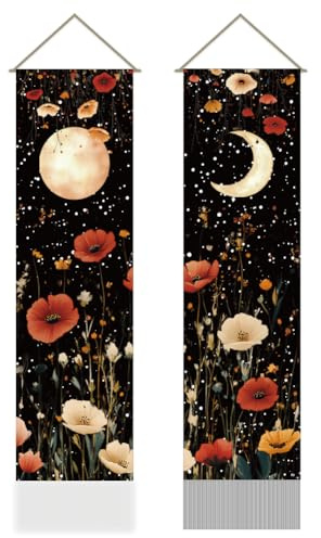 AHANDMAKER 2 Stück Mond Blumen Wandteppich Bunte Rote Blume Lange Vertikale Wandbehang Wandteppich Mit Quasten Mystische Ästhetische Dekorationen Für Schlafzimmer Und Wohnzimmer