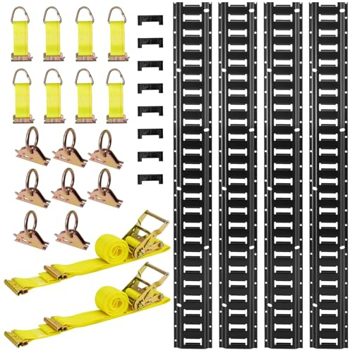 VEVOR Juego de 4 Rieles de Amarre E-Track de 2,3 m, para Garajes, Furgonetas, Remolques y Motocicletas, con 2 Correas de Trinquete, 8 Juntas Tóricas, 8 Correas de Amarre con Anilla en D y 8 Tapas