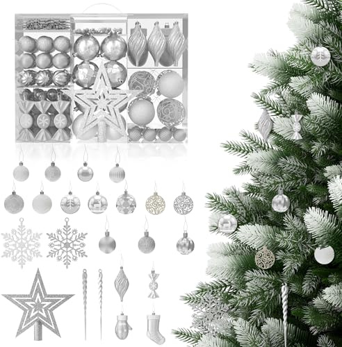 YUENFONG 138er Set Weihnachtskugeln Kunststoff Christbaumkugeln, Weihnachtsdeko Matt Glänzend mit Baumspitze Stern, Weihnachtsbaumkugeln Deko Christbaumkugeln, Silber