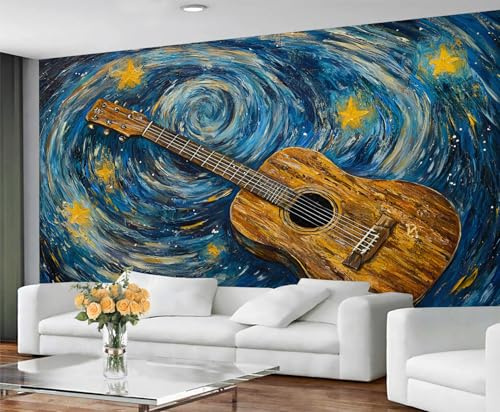 GIVLWF Papier peint pour chambre à coucher de guitare rustique et décoration d'intérieur, papier peint bleu étoilé pour salon, papier peint et papier peint non adhésif