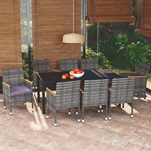 Ziaphsol 9-TLG. Garten-Essgruppe mit Kissen, Poly Rattan Grau, Akazienholz Armlehnen, WPC Tischplatte, für Terrasse, Balkon, Garten
