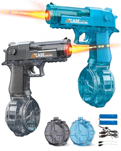 Pistola ad Acqua Elettrica 2 Pezzi, Fucile ad Acqua Ricaricabile con Effetto Fiamma LED, Gittata 8-10M, Giocattolo Acquatico per Bambini 3+ Anni,Compleanno, Festa dei bambini, Pasqua, Feste in Piscina