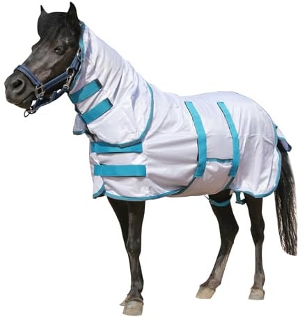 Gallopoff Couverture Anti-Mouches pour Mini-Cheval/Poney, Blanc 95cm | avec Couvre-Cou et Bande Ventrale Amovible, Protection UV, Maille Légère et Respirante pour Âne Miniature/Poulain Sevré