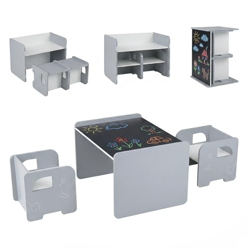 COSTWAY 6 in 1 Kindertisch mit 2 Stühlen, Kinder Tisch und Stuhl Set mit Tafel & Bücherregal, Maltisch mit Stauraum, Spieltisch für Kinderzimmer, Kindersitzgruppe für Kinder ab 3 Jahren (Grau)