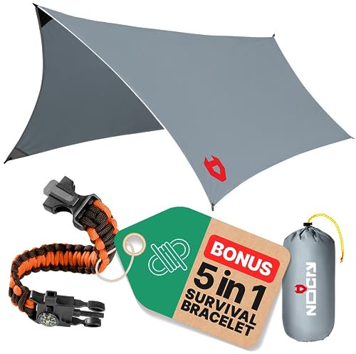Rain Fly by NoCry Bâche de Tente Ultra légère 100% imperméable à l'eau 3,65 x 3 m Idéal comme bâche de randonnée ou bâche pour hamac Plusieurs Couleurs Disponibles avec Bracelet de Survie Gris