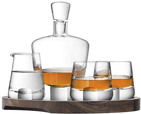 LSA Whisky Cut Connoisseur Set & Walnut/Cork Serving Tray | SET | Handmade Glass and Wood | WH16