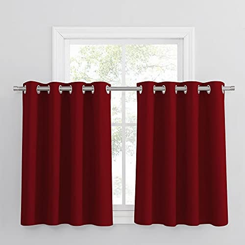 PONY DANCE Rote Gardinen Wohnzimmer Modern Kurz 2 Stücke H 90 x B 132 cm Scheibengardine Blickdicht Verdunklungsvorhänge mit Ösen Thermogardine Wärmeisolierend