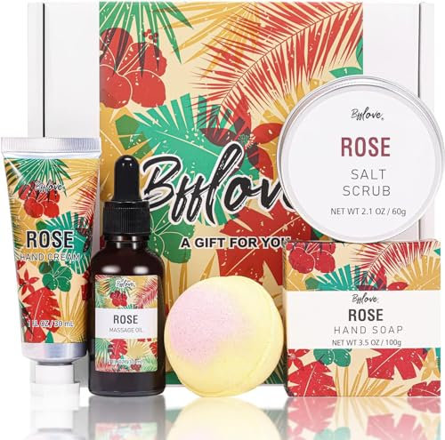 5Pcs Coffret Cadeau Spa à la Rose Compris Gommage, Bombes de Bain, Huile de Massage, Crème pour les Mains.Cadeau de fête des Mères, d'anniversaire pour Femme