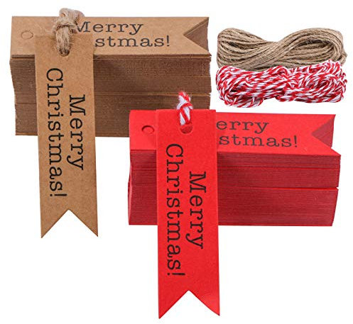 200 Stück Geschenkanhänger mit Aufschrift Merry Christmas, Mini-Geschenkanhänger, Dekoration, Etiketten mit 180 m Bindfäden für Bastelarbeiten und Partys zu Hause (100 rot + 100 braun).