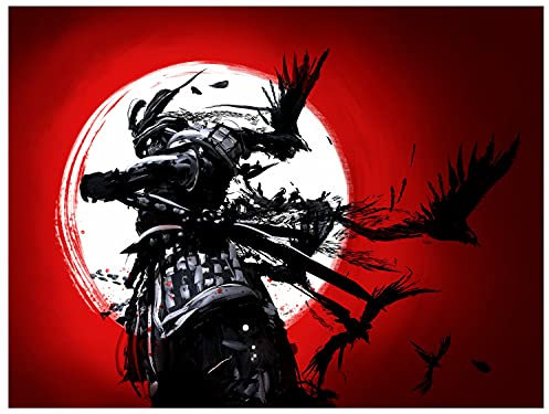 wandmotiv24 Deko Wandbild aus Acrylglas, Größe 60x45cm, Querformat, Samurai, Raben, Asien, Krieger, Sonne, Japan, Illustration, Dekoration Wohnung modern, Deko, Acryl, Wanddeko Schlafzimmer M0102