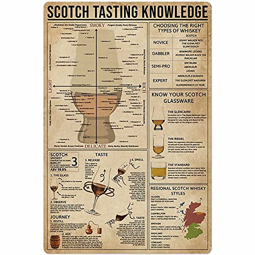 JIUFOTK Scotch Tasting Knowledge Metallschild Choosing The Right Types of Whiskey, Aluminium-Poster, Zuhause, Küche, Bar, Café, Club, Wanddekoration, Plakette, 20,3 x 30,5 cm