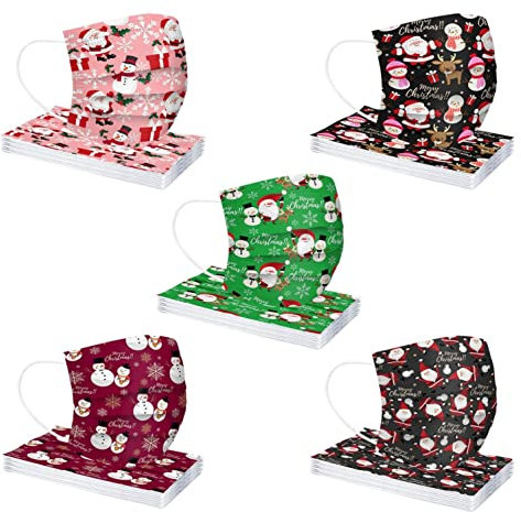 Lulupi 50 Stück Kinder Weihnachten Mundschutz Einweg 3D Druck Mund und Nasenschutz Halstuch Maske Einmal Weihnachtsmaske Weihnachtsmotiv 3-lagig MNS Mund-Tuch Atmungsaktiv Tücher Bandana Schals
